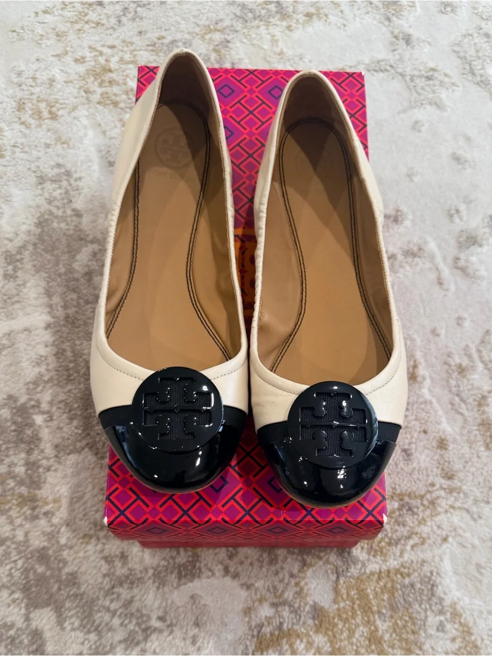 Tory Burch Two-Tone Cream Leather Ballet Flats with Black Patent Cap Toe